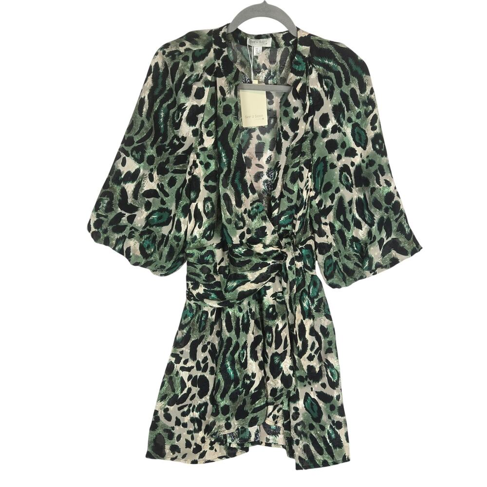 Anthropologie Green Animal Print Tunic Dress S Wrap Style Puff Sleeve Whimsy NWT